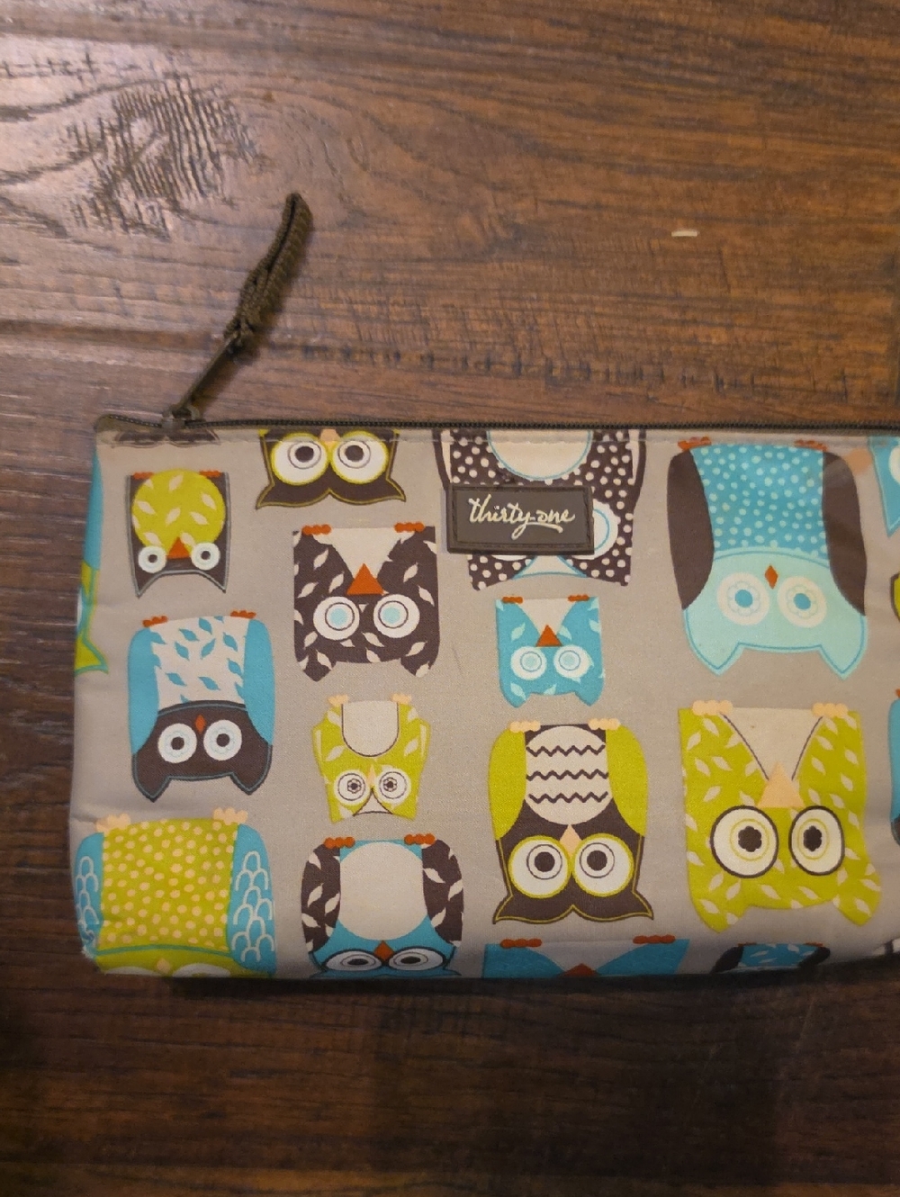 thirty-one Owl Pattern Zip Pouch in Turquoise, Lime, Gray Insulated